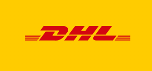 Rotes und schwarzes „DHL“-Logo auf gelbem Hintergrund mit stilisierten horizontalen Linien darunter.