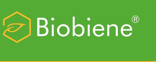 Grünes Logo mit orangefarbenem Hexagon und dem Schriftzug „Biobiene“ auf weißem Hintergrund.